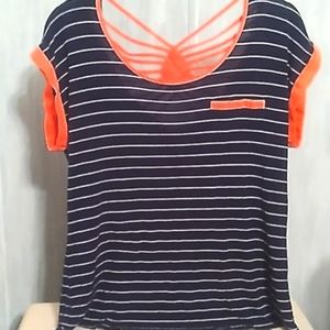 Vanity Large Black Stripes Peach Attcents Short Sleeves Round Neck